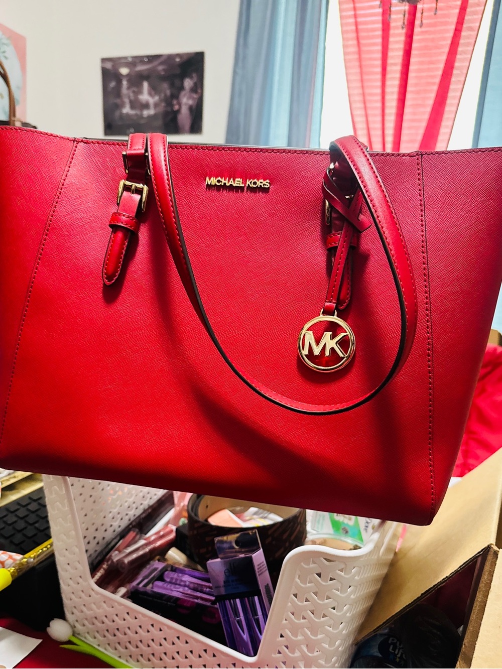 Michael Kors Bold Red Saffiano Tote with Gold MK Charm